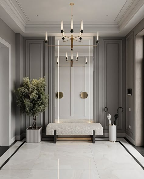 Neo Classical Foyer, Lobby Classic Design, Neoclassical Hallway, Hallways Ideas Entrance, Neoclassic Entrance, Luxury Hallway Entrance, Modern Classic Foyer, Modern Baroque Interior, Elegant House Interior