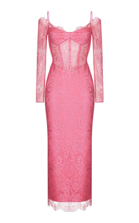 Off-The-Shoulder Lace & Satin Midi Dress by RASARIO for Preorder on Moda Operandi Midi Dress Pink, Corset Midi Dress, Satin Corset, Pink Gowns, Fantasy Gowns, Embroidery Designs Fashion, Satin Midi Dress, Pink Midi Dress, Look Stylish