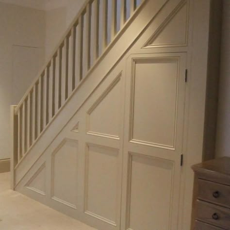 Under Stair Panelling, Under Stairs Storage Panelling, Panelled Under Stairs Storage, Panelling Under Stairs, Under Stairs Panelling, Understairs Panelling, Doors Under Stairs, Hideaway Door, Door Under Stairs