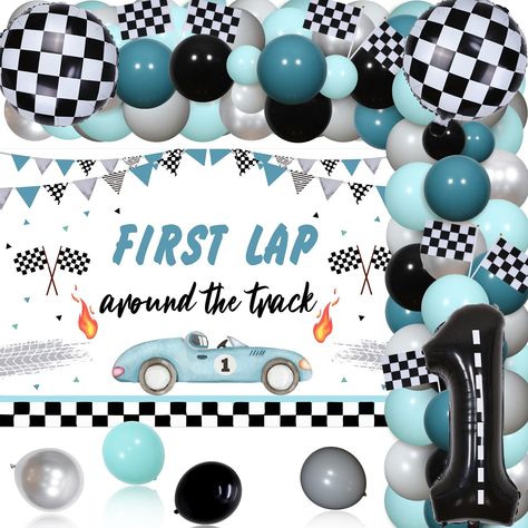 PRICES MAY VARY. First Trip Around the Track Birthday: You will get 49 x latex balloons 12 inches, 20 x latex balloons 5 inches, 1 x birthday backdrop 5*3 ft, 1 x number 1 foil balloon 40 inches (Helium Supported), 2 x round foil balloons 18 inches (Helium Supported), 7 x racing flags 5.5*8.3 inches, 1 x balloon tape strip, 1 x adhesive dispense, 2 x white ribbons. Vintage Fast One Birthday Decorations for Boys: Our racing car birthday party decorations set uses vintage colors, the combination o Car First Birthday Party, Vintage Birthday Decorations, Race Car First Birthday, Car First Birthday, First Birthday Decorations Boy, Baby First Birthday Themes, Cars Birthday Party Decorations, Boy Birthday Decorations, Boys First Birthday Party Ideas