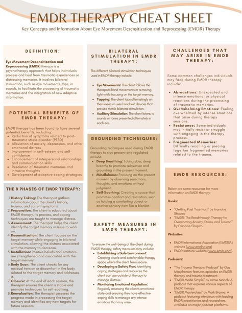 Eye Movement Desensitization and Reprocessing (EMDR) Therapy is a therapeutic approach that helps individuals process and heal from traumatic experiences, and distressing memories. This cheat sheet gives an overview of the EMDR process, tools and techniques that are used in EMDR therapy, potential challenges that may arise, and resources. It's a helpful starter sheet for getting to know more about EMDR therapy. Emdr Cheat Sheet, Rapid Eye Movement Therapy, Therapy Documentation Cheat Sheets, Emdr Protocol, Emdr Therapy Benefits, Emdr Tools, Emdr Worksheets, Therapy Cheat Sheet, Therapy Modalities