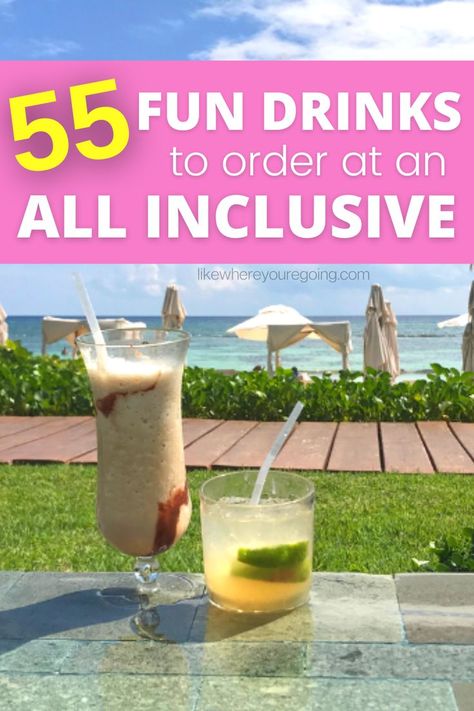 Frozen drinks, most popular cocktails, beach drinks, healthy drinks, low calorie options, shots to order and best drinks for dessert or after dinner. Here are 55 drinks you can order to drink by the beach at your all inclusive resort. Best drinks to order in Cancun, anywhere in Mexico or the Carribbean! Drinks Low Calorie, Low Calorie Options, All Inclusive Mexico, Cancun All Inclusive, Drinks Healthy, Fun Drinks Alcohol, Cancun Vacation, Alcholic Drinks, Best Drinks