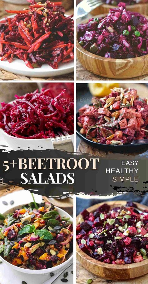 Beetroot Salad Recipes: Simple, easy to make beet salad recipes that can be made with fresh/raw or roasted beets. Enjoy a healthy beetroot salad (shredded, spiralized or julienned) - served cold during summer, as lunch, side dish or dinner. The beet salads will improve your meal’s nutritional value. #beetrootsalad #beetsalad #beetrootrecipes #beetrecipes Essen, Beetroot Salad Recipes, Salad Recipes Simple, Beet Salads, Red Beets Salad, Pickled Beet Salad, Healthiest Vegetables, Salad Recipes Gluten Free, Beetroot Recipes