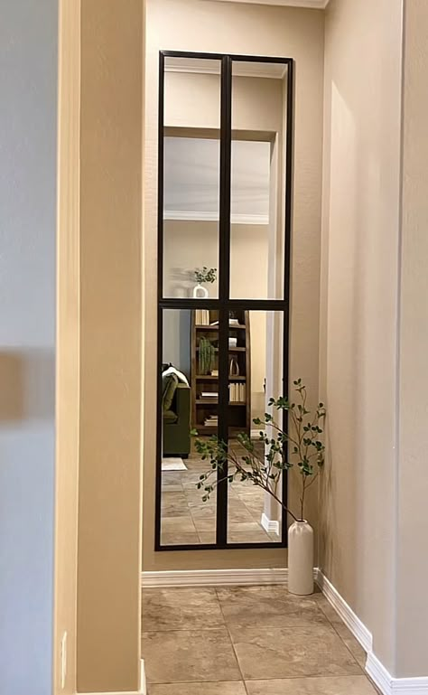 Vertical Mirror Dining Room, Mirrors In Hallway Entrance, End Of Hallway Decor Mirror, End Of Hallway Mirror Ideas, Mirrors In Stairwell, Mirror End Of Hallway, End Of Hallway Mirror, Narrow Corridor Ideas, Small Entry Way Ideas Apartment