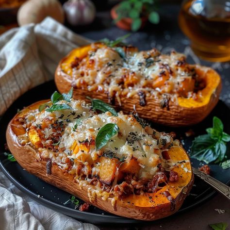 Butternut Squash Stuffed with Bolognese: A Comforting Delight for the Taste Buds! Ingredients: 1 butternut squash (about 1.5 kg) 400 g ground beef 1 onion 2 cloves garlic 400 g crushed tomatoes 1 tablespoon tomato paste 200 ml vegetable broth 1 teaspoon dried oregano 1 teaspoon dried thyme Salt and pepper to taste 100 g grated mozzarella cheese Fresh chopped parsley (for garnish) Instructions: Preheat oven to 180°C (350°F). Cut the butternut squash in half lengthwise and remove the seeds. B... Ground Beef Stuffed Butternut Squash, Butternut Squash Stuffed, Stuffed Butternut Squash, Stuffed Butternut, Thyme Salt, Dried Thyme, Vegetable Broth, Cocktail Desserts, Food Garnishes