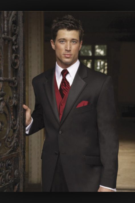 Black and burgundy tux Wedding Tux, A Man In A Suit, Groom Wedding Attire, Man In A Suit, Red Vest, Tuxedo Wedding, Red Suit, Red Tie, Groomsmen Attire