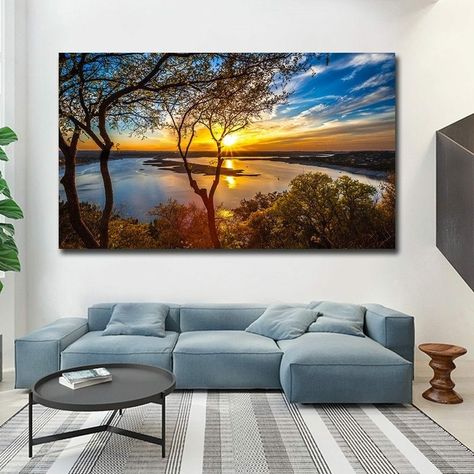 Landscape Wall Art Living Rooms, Nordic Wall Decor, Modern Landscape Painting, Tree Landscape, Nordic Wall Art, Living Room Prints, Nordic Art, Canvas Painting Landscape, Sunset Wall Art