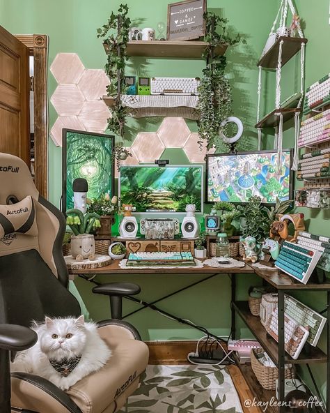 Natural Wood Aesthetic, Green Gaming Setup, Room Computer Desk, Aesthetic Gaming Room, Room Computer, Gamer Cat, Wood Aesthetic, Cottagecore Room, Cozy Desk