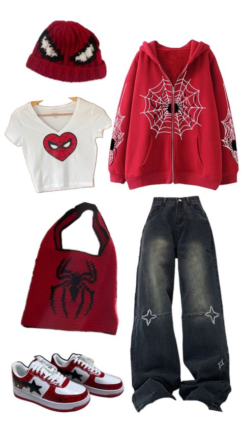 Spiderman Hoodie Outfit, Spiderman Aesthetic Outfit, Spider Man Fit, Spiderman Fits, Spiderman Clothing, Spider Man Outfits Ideas, Spider Man Outfits, Spiderman Outfit Ideas, Spiderman Inspired Outfit