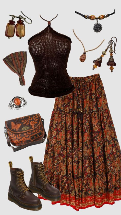 Hippie boho outfit #outfitinspo #70s #hippie #boho #earthy African Aesthetic Outfits, Warm Boho Outfits, Desert Outfit Aesthetic, Boho Earthy Style, Colorful Hippie Outfits, Beach Hippie Outfit, Cute Earthy Outfits, 80s Hippie Outfits, Warm Hippie Outfits