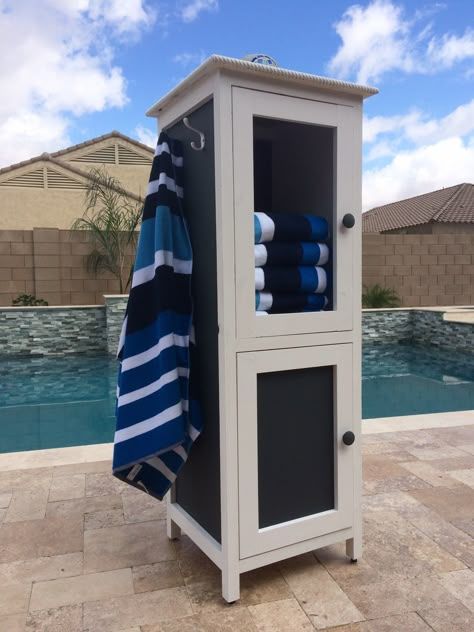 Poolside Towel Cabinet from Benchmark Cabinet Plan - DIY Projects Pool Towel Storage, Towel Cabinet, Poolside Furniture, Living Pool, Pool Storage, Cabinet Plans, Woodworking Cabinets, Pool Stuff, Carpentry Projects