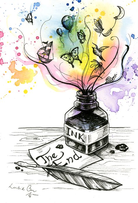 Inktober 31: The End by LucieOn.deviantart.com on @DeviantArt Creativity Illustration Art, Ink Spill Art, Dream Ink Drawing, Inktober Art Ideas, Ink Bottle Illustration, Bottle Spilling Drawing, Spill Art Ideas, Spill Art Drawing, Ink Bottle Drawing