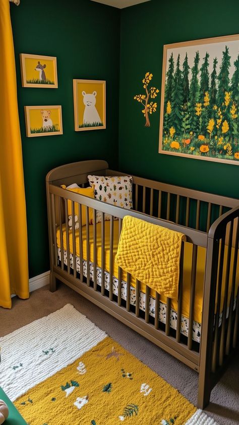 A woodland-themed nursery with dark green walls, yellow accents, and forest animal artwork for a playful, imaginative feel. Yellow Neutral Nursery, Kelly Green Nursery, Yellow Theme Nursery, Fairytale Nursery Ideas, Bright Green Nursery, Colorful Nursery Boy, Easy Nursery Ideas, Baby Room Design Colorful, Swamp Nursery