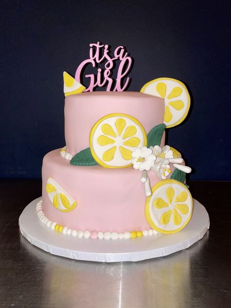 Lemon Baby Shower Cake 🍋 Lemon Squeeze Baby Shower Theme, Lemonade Themed Baby Shower Ideas, Lemon Themed Baby Shower Ideas Girl, Lemon And Pink Baby Shower Theme, Lemonade Baby Shower Theme Girl, Pink Lemonade Baby Shower Theme, Pink Lemonade Baby Shower Ideas, Lemonade Baby Shower Theme, Pink And Yellow Baby Shower Ideas