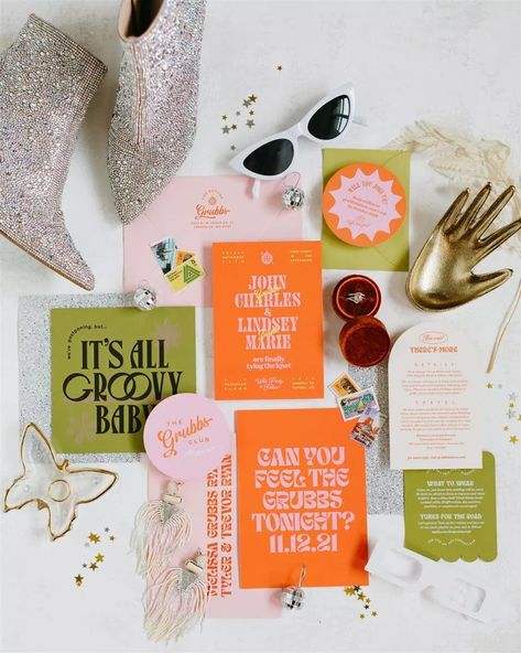 Pinterest Reveals the Top 2024 Wedding Trend Retro Color Wedding, Funky Wedding Color Palette, Retro Colorful Wedding, Retro Wedding Party, Funky Wedding Invites, Maximalist Wedding Invitations, Colorful Disco Wedding, Retro Wedding Color Palette, Colorful Wedding Invites