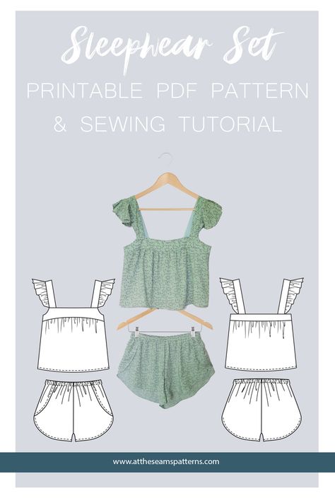 Free Sewing Patterns Tops Trendy, Free Sleepwear Sewing Pattern, Pajama Set Pattern Sewing Free, Aesthetic Sewing Patterns Free, Tops To Sew For Women, Pajama Set Pattern Sewing, Digital Sewing Patterns, Summer Sewing Patterns Free, Pajama Sewing Pattern Free