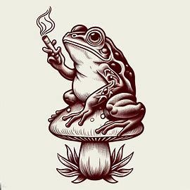 Frog On Skateboard Tattoo, Magic Mushroom Tattoo Design, American Traditional Toad Tattoo, Black Frog Tattoo, Frog Sitting On Mushroom Drawing, Frog Sitting Drawing, Frog Mushroom Tattoo, American Traditional Frog Tattoo, Frog Flash Tattoo