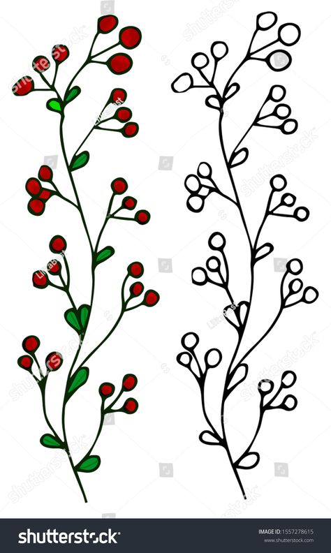 Easy Holly Drawing, Holly Berries Drawing, How To Draw Holly, Holly Drawing Simple, Holly Berry Drawing, Christmas Holly Drawing, Christmas Flowers Drawing, Holly Doodle, Holly Flower