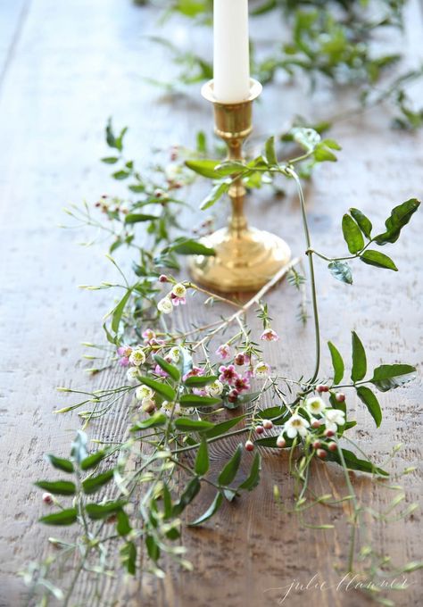 Candlestick Tablescape, Simple Table Runner, Entertaining Tablescapes, Summer Flower Arrangements, Arrange Flowers, Julie Blanner, Table Setting Inspiration, Table Setting Decor, Entertaining Decor