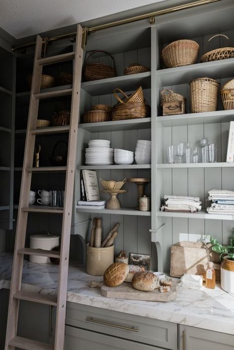 Dining Room With Built In Shelves, English Pantry Ideas, Kitchen Pantry Paint Colors, Wall Storage Pantry, Laundry Room With Butlers Pantry, Small Pantry Transformation, Dishwasher In Pantry, French Country Butlers Pantry, Butlers Pantry Styling