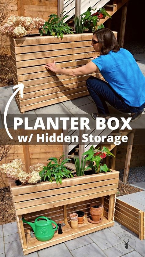 Modern slatted raised planter box with a hidden storage compartment underneath. Made from pressure treated lumber. A women seen pulling open the storage door revealing flower pots, a watering can and gardening tools stored underneath the planter. Balcon Mic, Diy Planter, Garden Planter Boxes, Diy Planter Box, Wooden Planter, Patio Planters, Raised Planter, Backyard Inspiration, Have Inspiration