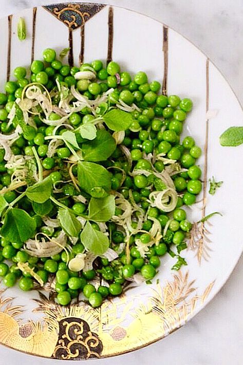 the most delicious, healthy pea salad from Michelle’s cookbook Summer Pea Recipes, Green Salad With Peas, Easter Meals Vegetarian, Summer Pea Salad, Pea Sprouts Recipes, Spring Pea Salad Recipes, Green Pea Salad Recipe, Pea Shoot Salad, Healthy Pea Salad Recipes