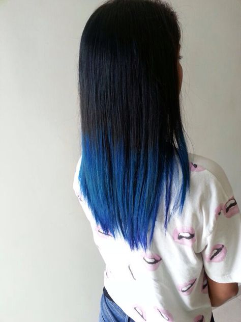 Ombree blue hair Balayage, Black With Blue Tips Hair, Black Hair With Blue Ombre, Blue Hair Dip Dye, Blue Hair Bottom Half, Blue Ends On Black Hair, Blue Black Hair Long, Blue Hair On Brown Hair, Blue Hair Ends