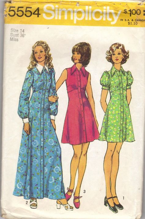 Simplicity 5554 A - Vintage Sewing Patterns 1970 Dress Patterns, Vintage Clothes Patterns, 1970s Sewing Patterns, Patron Vintage, Retro Sewing Patterns, Babydoll Shirt, 60s And 70s Fashion, 1970s Dress, Seventies Fashion