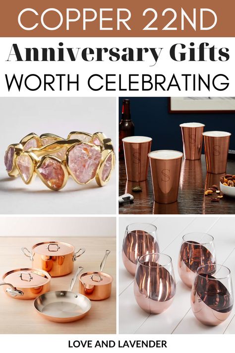 The traditional anniversary gift for the 22nd year is copper. We made a list of the best copper anniversary gift ideas in this blog. Don't miss it! Wedding Anniversary Gifts Traditional, Anniversary Gifts Traditional, 22 Year Anniversary, Anniversary Meanings, 29th Wedding Anniversary, 8 Year Anniversary Gift, 22nd Wedding Anniversary, Copper Wedding Anniversary, Anniversary Ideas For Him