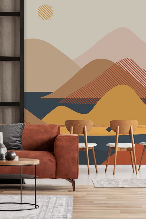 Landscape Mural Wallpaper, Ocean Mural, Geometric Wall Paint, Landscape Mural, Earth Tone Color Palette, Watercolor Mural, Mountain Mural, Interior Murals, Murals For Kids