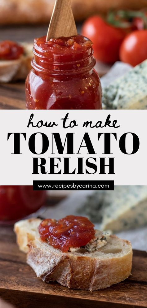 Sweet Tomato Relish Recipe, Mediterranean Grilled Cheese, Tomato Chutney Recipe, Relish Recipe, Tomato Relish, Tomato Jam, Relish Recipes, Tomato Chutney, Honey Roasted