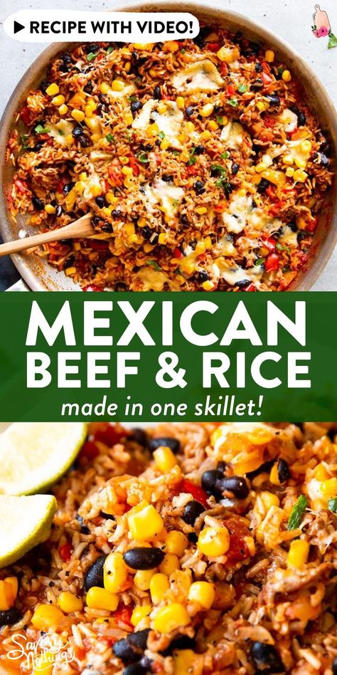 Delish Mexican Beef And Rice Skillet, Mexican Beef N Rice Skillet Delish, What To Eat With Ground Beef, One Pot Mexican Beef And Rice, Fast Dinner Recipes Hamburger Meat, Meals With Taco Meat Ground Beef, Easy Rice Dinner Recipes For Family, Beef Broth Dinner Recipes, Best Simple Dinner Recipes