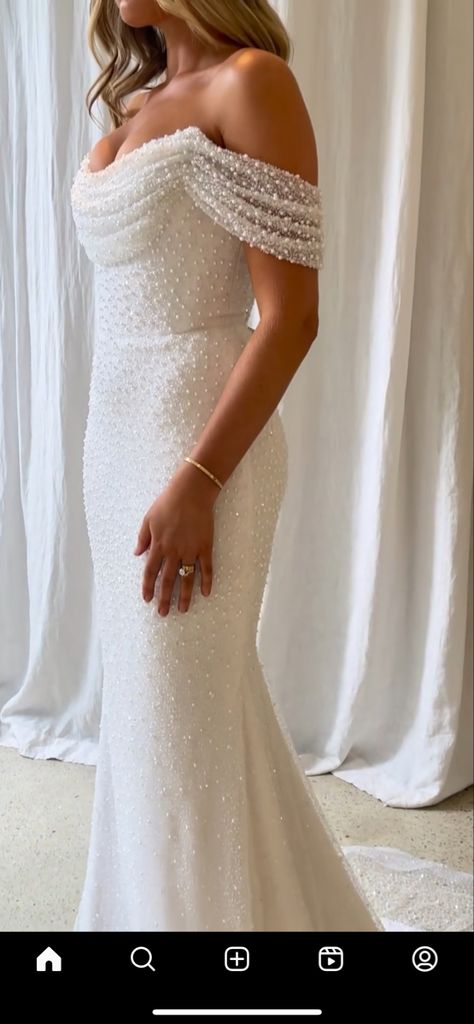 White Wedding Dress With Pearls, Satin V Neck Wedding Dress Fitted, Pearl Bridal Outfit, Pearly White Wedding Dress, White Prom Dress With Pearls, Alessia Wedding Dress, Pearl Lined Wedding Dress, Off The Shoulder Pearl Wedding Dress, Wedding Dresses Simple With Lace