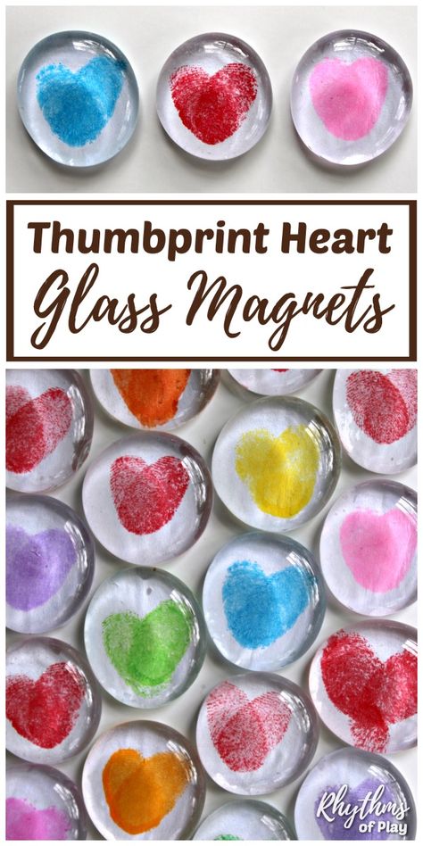 DIY Thumbprint Heart Glass Gem Magnets are the perfect homemade keepsake gift. Kids can make these thumbprint heart magnets for Valentine's Day, Mother's Day or Father's Day. Make some heart magnets with your children today! | #RhythmsOfPlay #AllTheLove #ValentinesDayGift #HeartsTheme #ThumbprintHeart #GlassMagnets #KidsCrafts #HomemadeGiftIdea #MothersDayGift #HomemadeMothersDayGift Glass Gem Magnets, Thumbprint Heart, Fingerprint Heart, Glass Magnets, Thumb Prints, Heart Magnets, Preschool Valentines, Valentine Crafts For Kids, Cadeau Diy