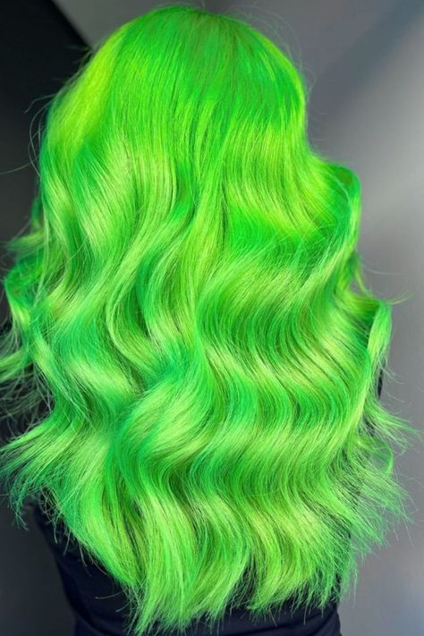 Vibrant Neon Green Soft Waves Bright Green Hair, Green Hair Ideas, Neon Green Hair, Vivid Hair, Vivid Hair Color, Coloured Hair, Green Soft, Soft Waves, Clothes Ideas