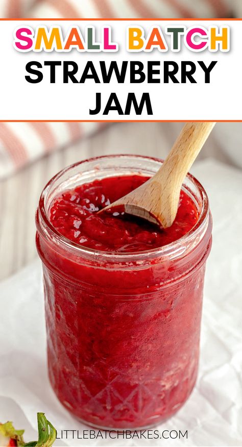 Easy small batch of strawberry jam. This recipe is made without pectin and only requires 4 ingredients. It makes one jar of fresh strawberry jam, perfect for getting you through the week! Strawberry Jam Small Batch, Quick And Easy Strawberry Jam, Pectin Free Strawberry Jam Easy, Small Batch Freezer Jam, Quick Strawberry Jam, Homemade Strawberry Jam No Sugar, How To Can Jam, How To Can Strawberry Jam, Crockpot Strawberry Jam