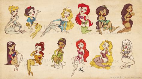 Disney Princesses as Pin-Ups omg these would make the cutest tattoos EVER Didny Worl, Crown Artwork, Pin Up Princess, Disney Pin Up, Disney Amor, Princesas Disney Anime, Character Drawings, Dark Disney, Film Disney