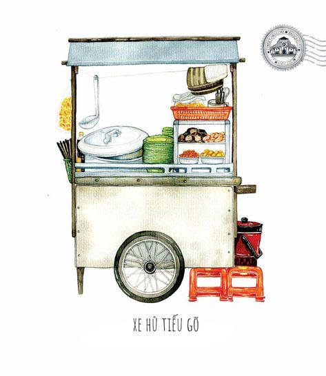 [Illustrations] The Beauty of Saigon Street Carts Through the Eye of Its Beholder - Saigoneer Cultural Iceberg, Food Trolley, Vietnamese Street Food, Food Vintage, Food Anime, Paint Store, Vietnam Art, Vietnam Food, Ice Cream Cart