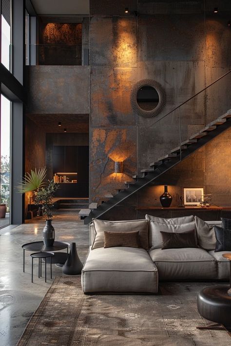 Concrete Industrial Interior, Industrial Minimalist House, Polished Concrete Floor Living Room, Dark Concrete Floors, Dark Industrial Interior, Concrete Floor Living Room, Concrete Home Interior, Hipstoric Home, Dramatic Staircase