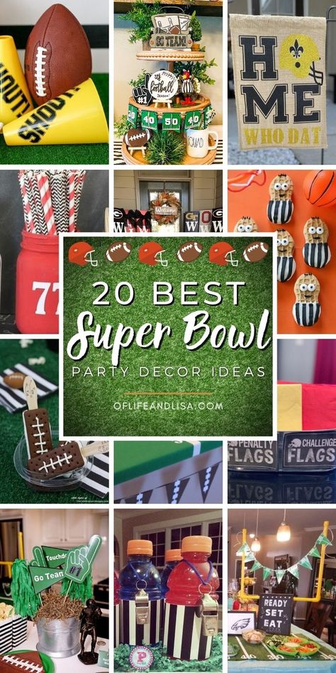 20 Fun and Simple Super Bowl Party Decor Ideas - Of Life and Lisa Super Bowl Table Decor, Superbowl Party 2024, Work Super Bowl Party Ideas, Superbowl Party Centerpieces, Super Bowl Party Favors For Adults, Superbowl Party Table Decor, Easy Super Bowl Decorations, Super Bowl Set Up, Decorate For Superbowl Party