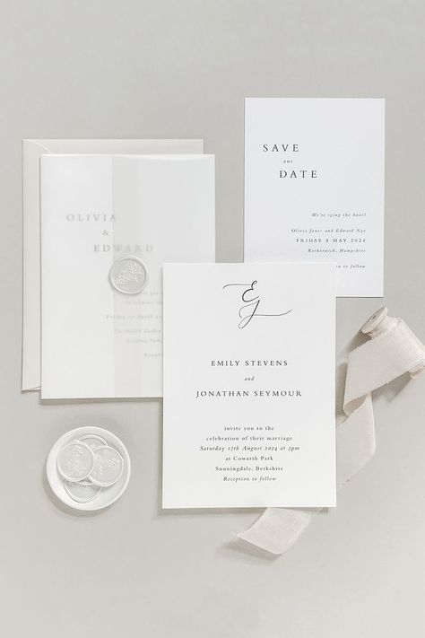 Cream And White Wedding Invitations, White Wax Seal Wedding Invitations, Wedding Invitations Monogram, Wedding Invite Simple, Wedding Invitation Vellum Wrap, White Invitations Wedding, Civil Wedding Invitation, Wedding Card Minimal, White Wedding Invitations Elegant