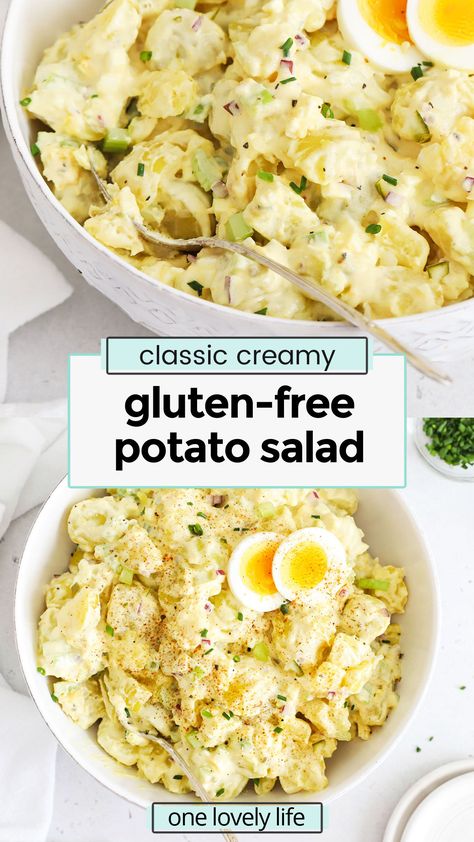 Gluten Free Potato Salad Recipe, Gluten Free Potato Salad, Creamy Potato Salad Recipe, Gluten Free Side Dish, Gluten Free Side, American Potato Salad, Salad Gluten Free, Salad Recipes Gluten Free, Gluten Free Bbq