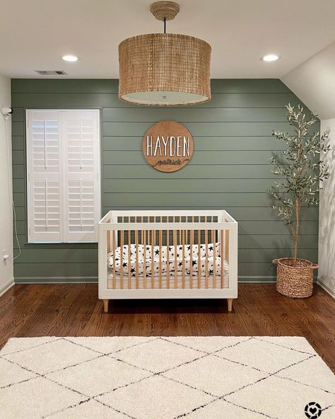 19 Green Accent Wall Ideas to Refresh Your Space Nursery Hardwood Floors, Sage Green Shiplap Wall Nursery, Green Nursery Design, Wildlife Theme Nursery, Nursery Ideas Paint, Retreat Sherwin Williams Living Room, Green Baby Rooms, Boho Green Nursery, Baby Room Themes For Boys