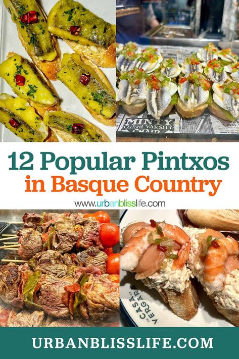 Pintxos are small bites popular in Basque Country. Usually served ready to eat at the bar, here are 12 of the best pintxos we found in San Sebastian and Bilbao, Spain. Read more at UrbanBlissLife.com. Bilbao, Basque Appetizers, Honey Bourbon Meatballs, Banana Crumb Coffee Cake, Pintxos Recipes, Bourbon Meatballs, Basque Food, Bruschetta Pasta, Bruschetta Toppings