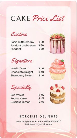 Pink Marble Bakery Price List Canva Template Cake Price List Design Templates Free, Cake Price List Design, Cake Price List, Cake Business Plan, Bakery Price List, Cake Pricing Guide, Baking Stickers, Bakery Business Plan, Peanut Cake