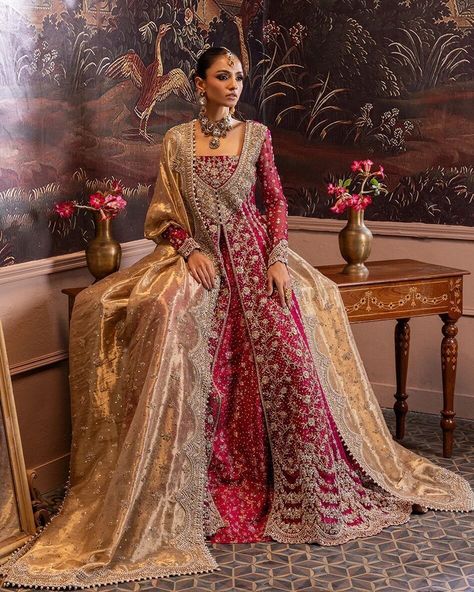 This exquisite bridal dress is a testament to the skill of our master artisans, who have meticulously handcrafted it with fine silver zardozi work. The cherry red dull organza fabric provides a stunning backdrop for the intricate floral patterns that adorn the enriched neckline, creating a true masterpiece. Paired with a silk jamawar lehenga that has been carefully hand-finished for a delicate look, and a dull gold tissue dupatta that showcases the same intricate silver zardozi work, this ens... Tissue Dupatta, Zardozi Work, Pakistani Wedding Dress, Traditional Bride, Organza Fabric, Luxury Bridal, Bridal Dress, Cherry Red, Floral Patterns