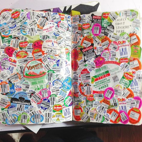 "Collect fruit stickers here." I'm probably gonna add something else to this page later down the line. #wtj #wreckthisjournal #wreckthisjournalideas #wreckthisjournalpages #wreckthisjournalposts #wtjideas #wtjideas #wtjinspiration Kunstjournal Inspiration, Fruit Stickers, Wreck This Journal, Art Journal Therapy, Life Journal, Sketchbook Art Journal, Bullet Journal Art, Visual Journal, Art Diary