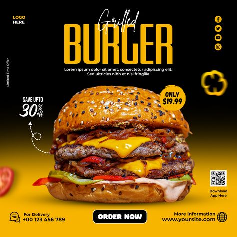 Burger Banner Design, Burger Design Ideas Graphics, Burger Design Ideas, Food Poster Design Ideas, Food Poster Design Graphics, Canva Posters Ideas, Burger Social Media Design, Fast Food Ads, Food Menu Design Ideas