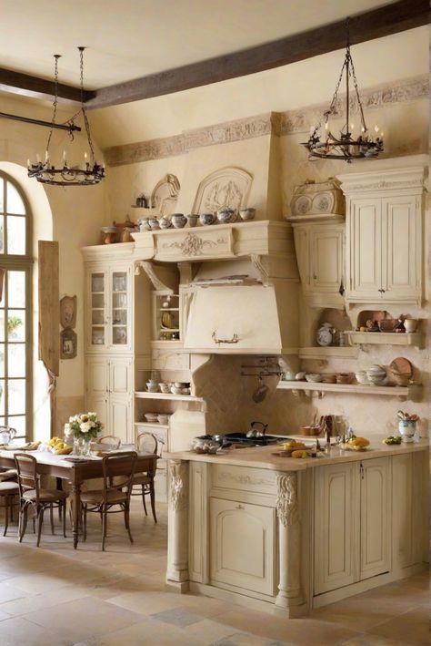 Enhance your daily routine with French-inspired kitchen designs. Discover tips and ideas to infuse elegance and charm into your home decor. #Ad #homedecor #homedesign #kitchen #Painthome interiorarchitecture best Wall Colors for kitchen Colors Bright Room Colors best colors combinations  Home Remodeling Modern Paint Colors 2024 French Theme Kitchen, French Chateau Kitchen Ideas, French Country Kitchen Design Ideas, Rococo Kitchen Interior Design, French Country Kitchens Woodworking Plans, French Chateau Kitchen Backsplash, French Parisian Kitchen, French Chateau Kitchen, Paint Colors 2024