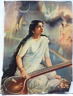 Saraswati Goddess, Retro Bollywood, Lata Mangeshkar, Litho Print, Legendary Singers, Indian Music, Indian Painting, Vintage Bollywood, Indian Paintings